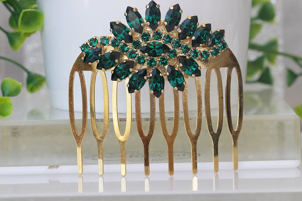 rebekajewelry Emerald Green Hair Comb Silver